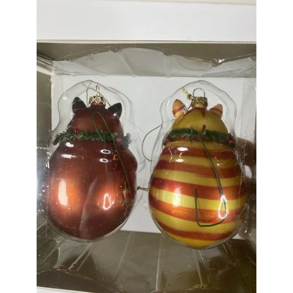 Fat Kitty Cat Blown Glass Christmas Ornament‎ Smithsonian Pair